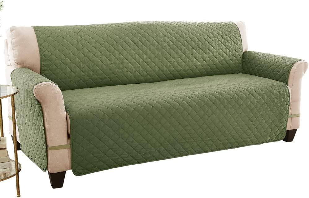 Collections Etc Reversible Spill Resistant Quilted Furniture Protector Cover with Ties - Covers Seat Bottom, Seat Back and 2 Seat Arms, Olive/Sage, Sofa