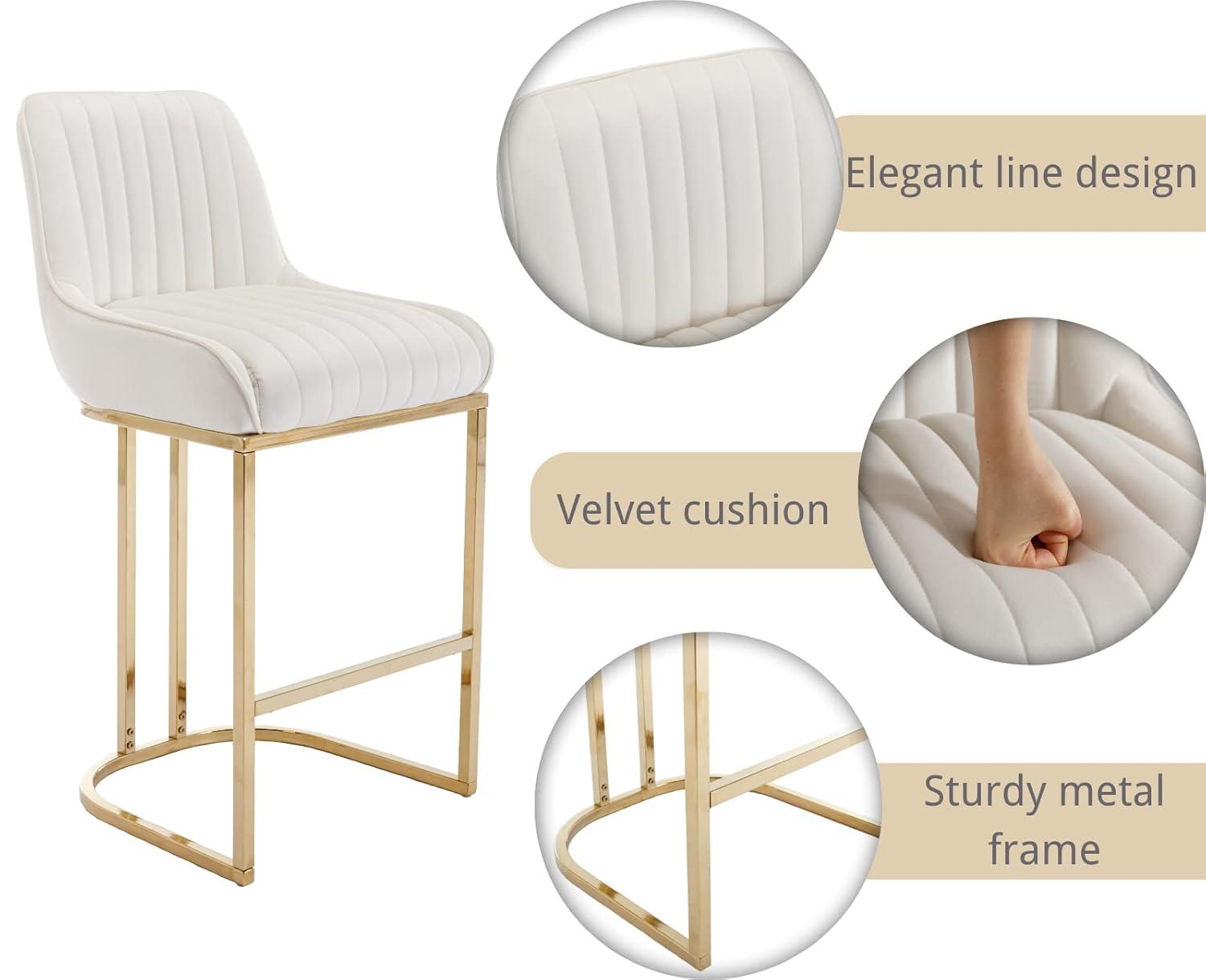 Counter Height Stools Set of 2, Velvet Bar Stools with 27 Inches Upholstered Seat Height, Handmade Woven Back Armrest, Sturdy Golden Metal Legs for Home Dining Pub Kitchen Island, Beige
