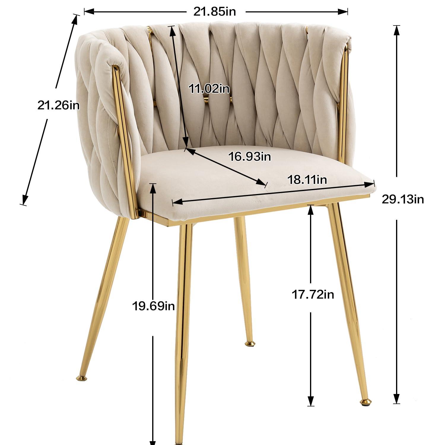 Velvet Dining Chairs Set of 2, Upholstered Dining Room Chairs with Arm & Gold Legs, Modern Accent Chairs Dining Chair for Kitchen, Vanity, Living Room (Beige)