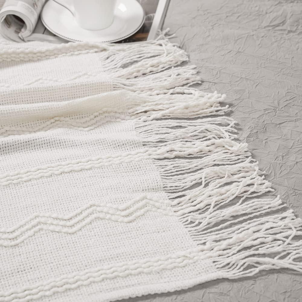 Cream Knitted Acrylic Throw Blanket with Tassels, 50"x60"