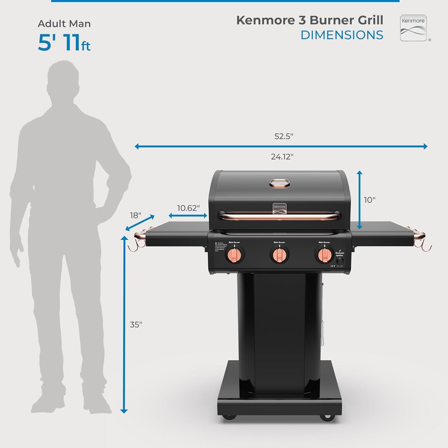 Kenmore 3-Burner Propane Gas Grill with Foldable Side Tables for Outdoor BBQ