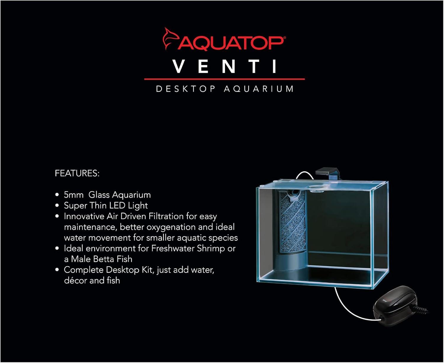 Aquatop Venti Air Driven Glass Aquarium Tank, 0.5 cm Showcase Glass Complete Kit Includes 2 Gal Fish Tank, LED Light, Breza Air Pump and Easy to Change Filter Cartridge, VDA-03