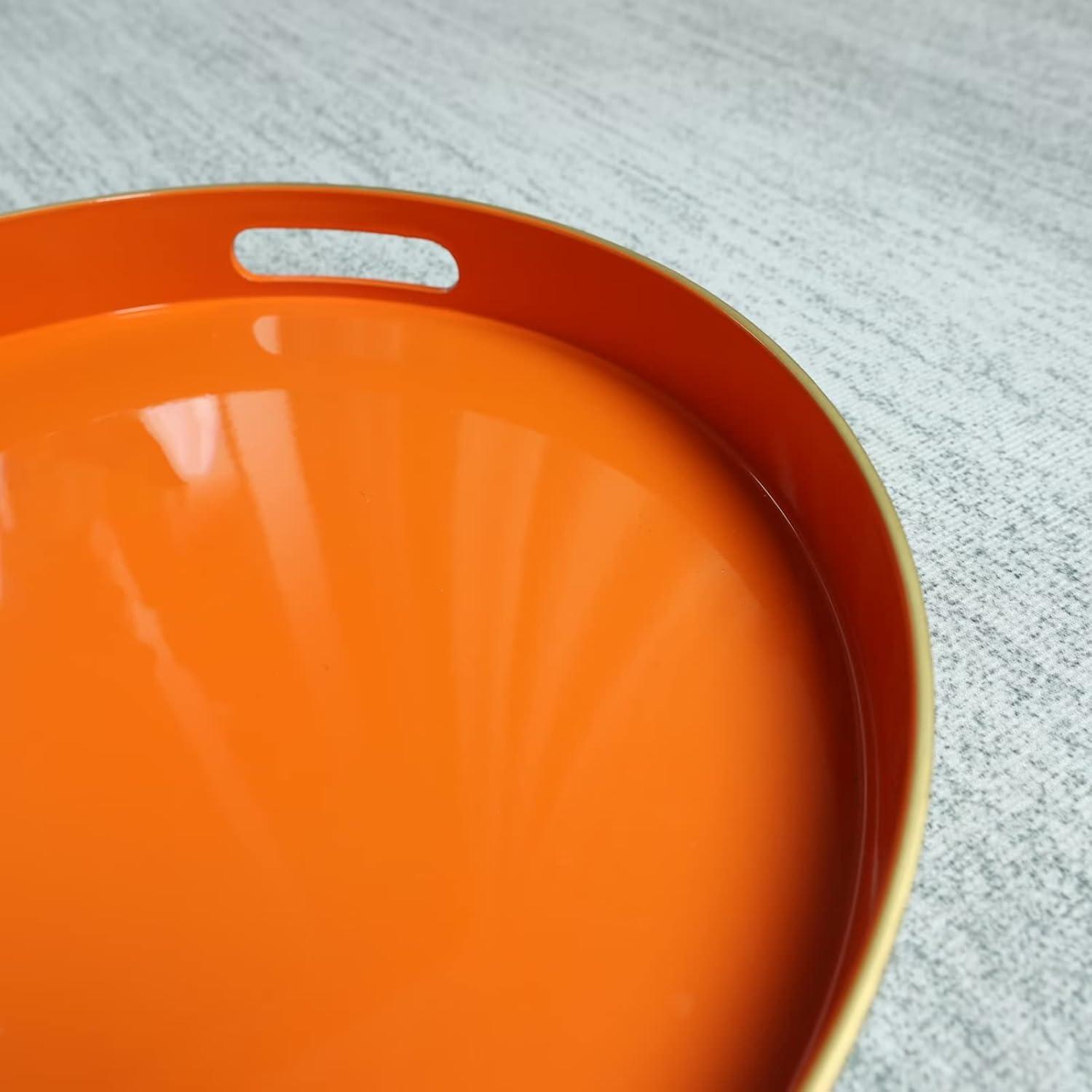 13" Orange Plastic Round Serving Tray with Handles