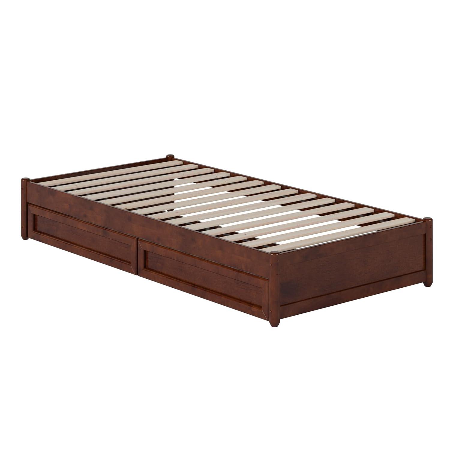 Barcelona Full Solid Wood Panel Platform Bed with Storage Drawers in Walnut