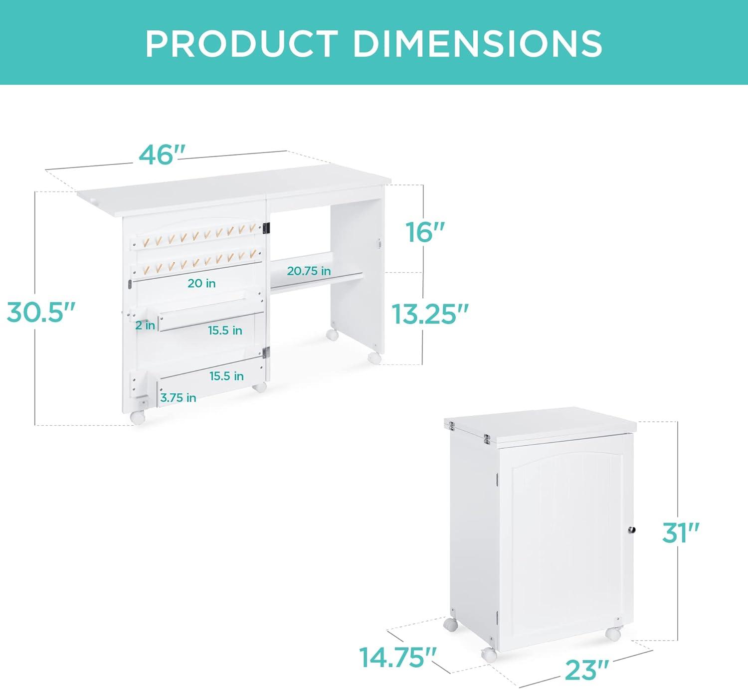 Compact White Sewing & Craft Table with Storage and Wheels