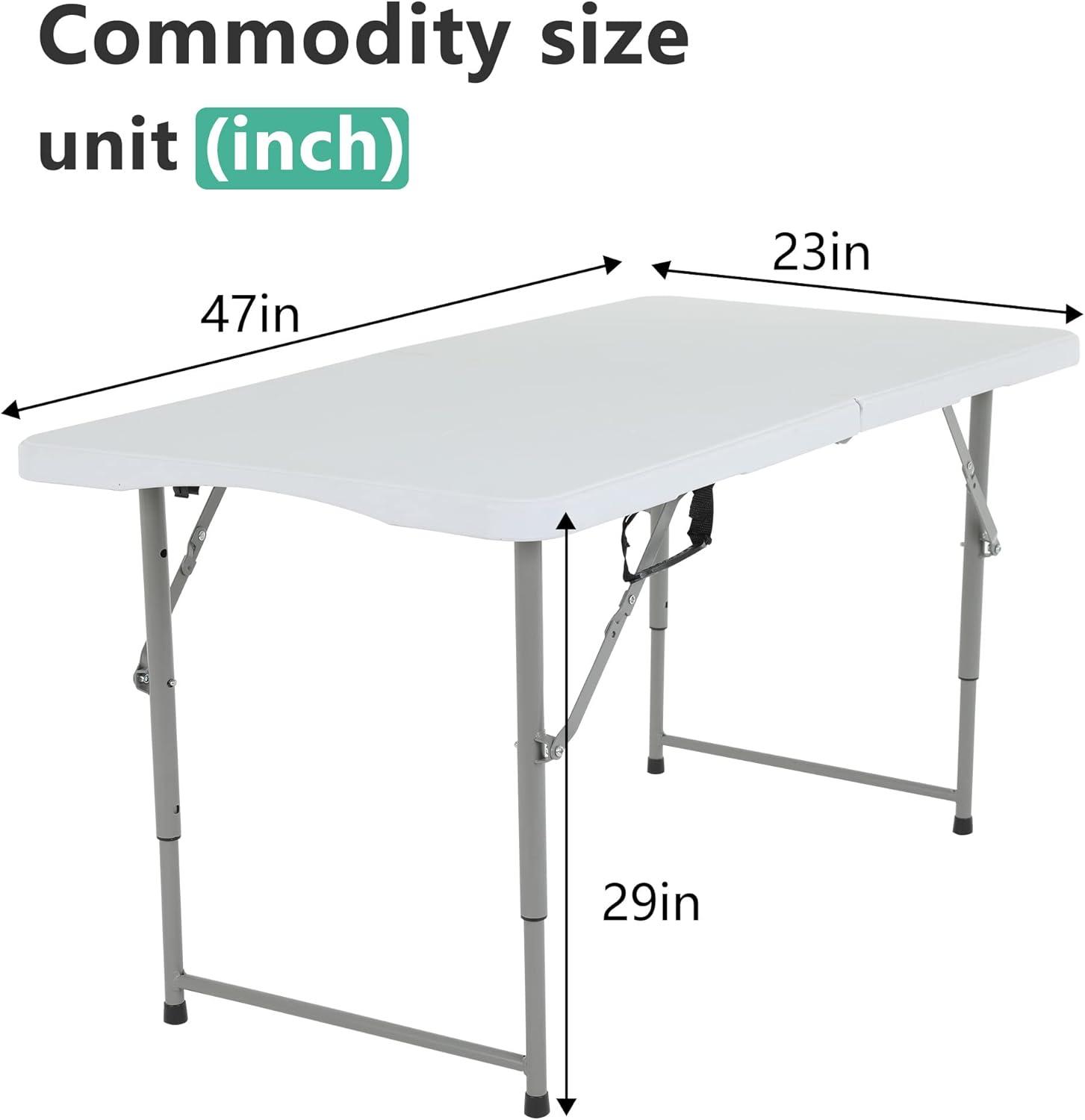 CL.HPAHKL 4 ft Folding Table with 3 Adjustable Height, Small Plastic Foldable Table with Carrying Handle, Portable Camping Table Fold in Half for Indoor Outdoor Camping, Picnic and Party, White