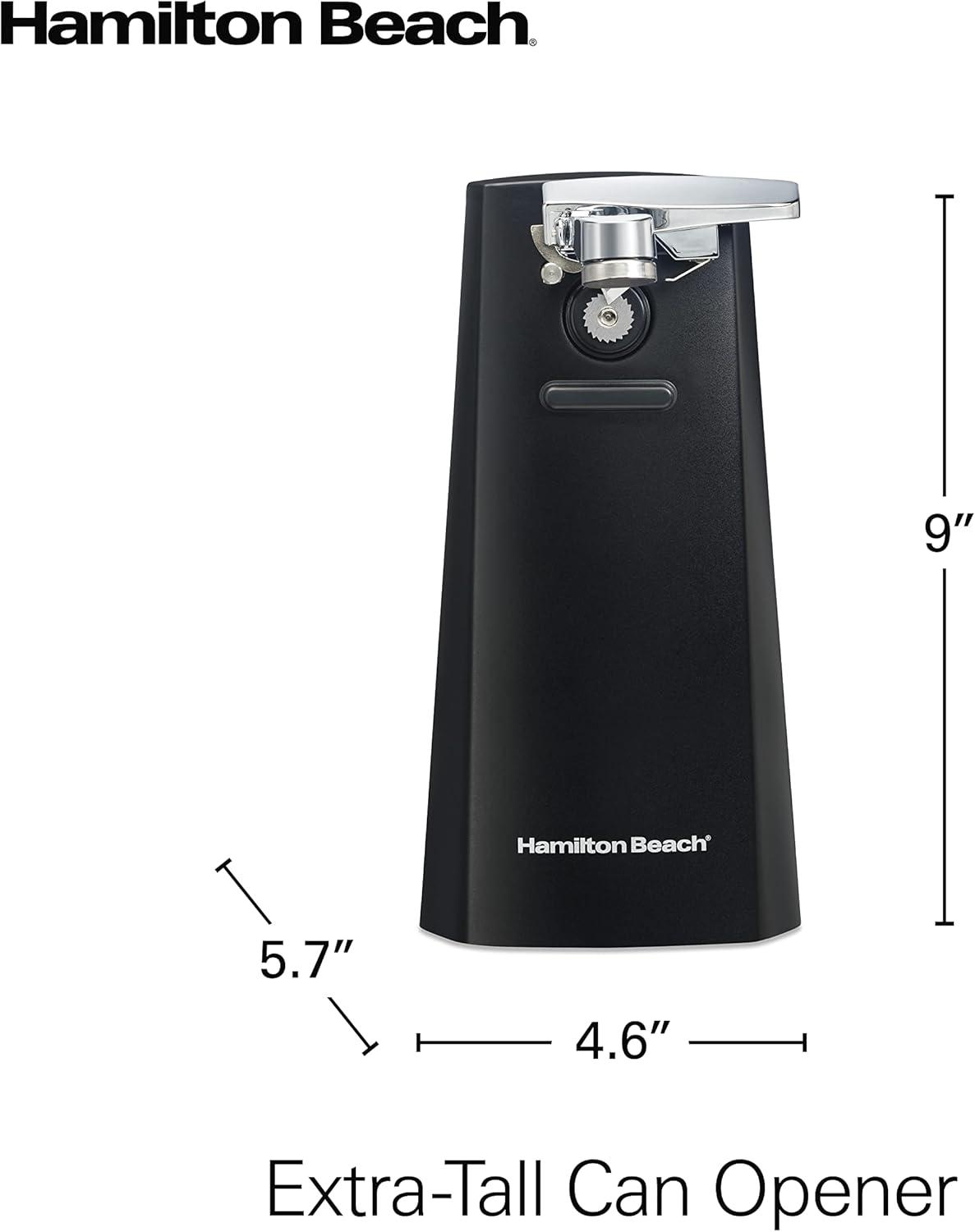 Hamilton Beach Black Can Opener 76702: Electric Freestanding Kitchen Tool, 1 Year Warranty, Spot Clean, 9" Height