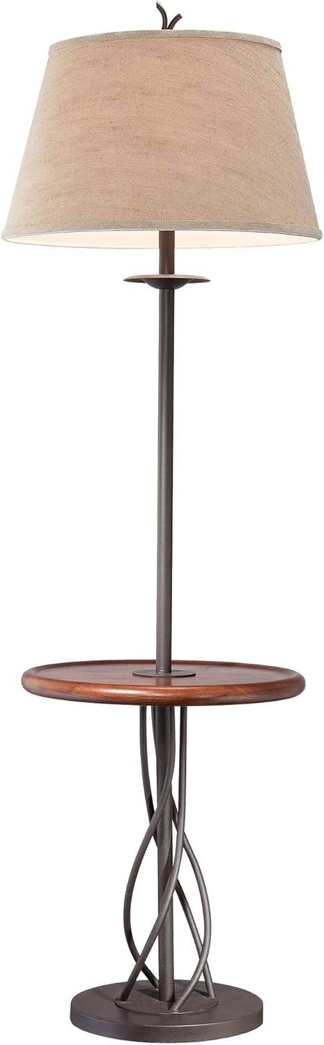 Franklin Iron Works Rustic Floor Lamp with Table 63.5" Tall Wood Twisted Iron Base Linen Empire Shade for Living Room Reading Bedroom