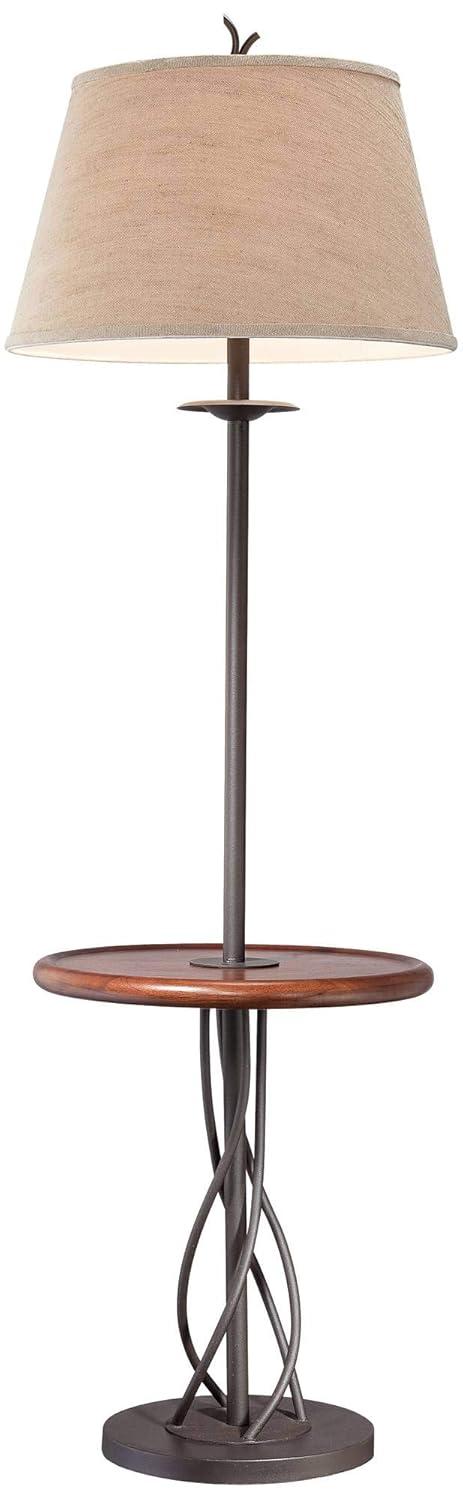 Franklin Iron Works Rustic Floor Lamp with Table 63.5" Tall Wood Twisted Iron Base Linen Empire Shade for Living Room Reading Bedroom