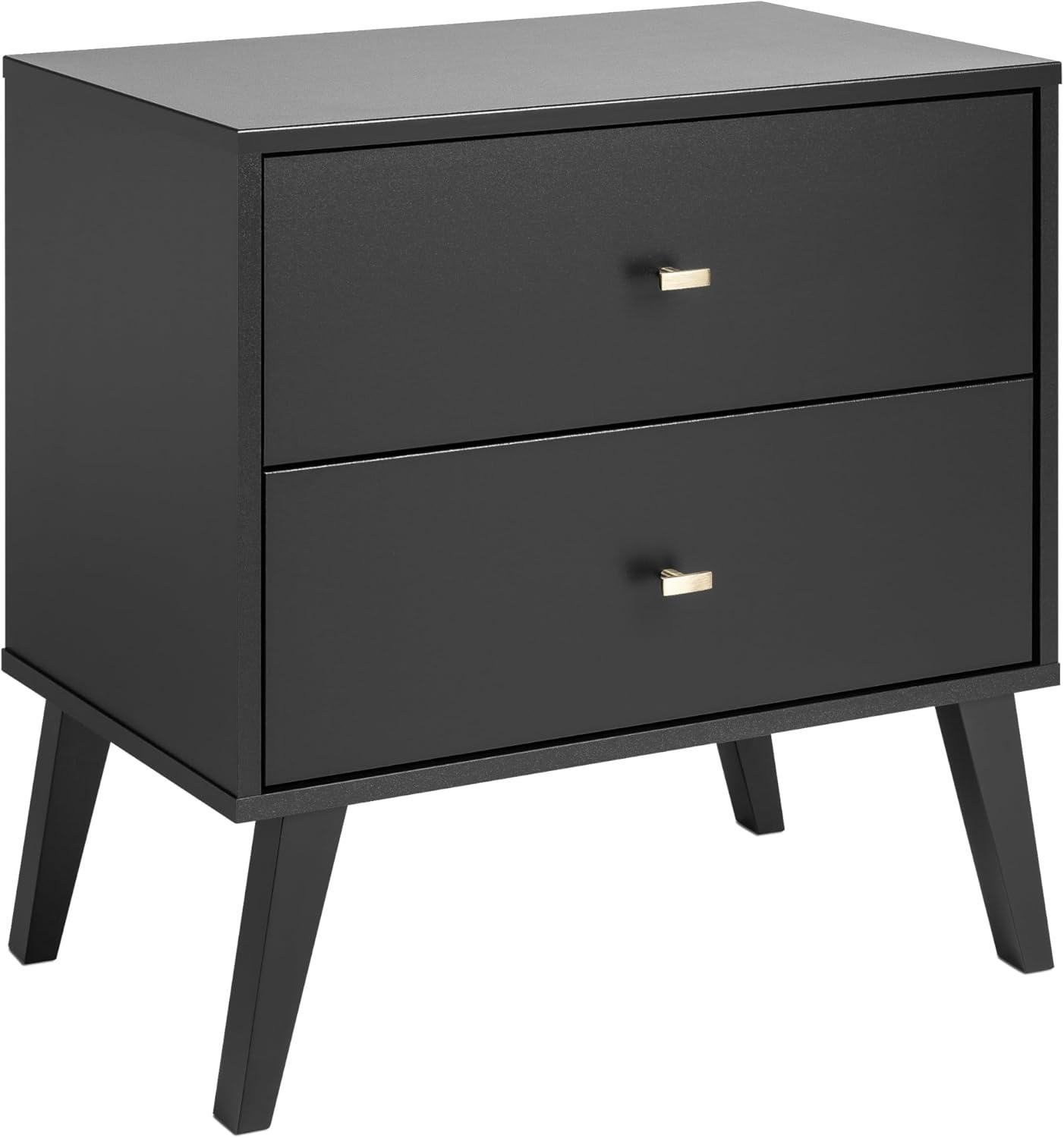 Mid Century Modern 2 Drawer Wide Nightstand Black - Prepac: Sleek Bedside Furniture, Tapered Legs