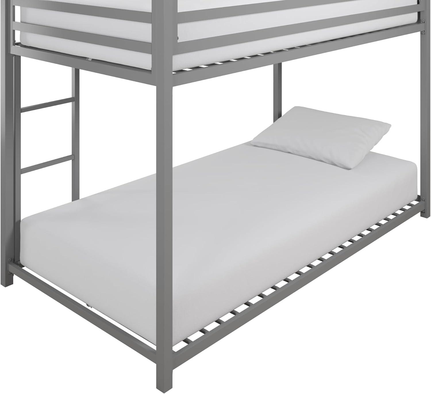 DHP Miles Low Bunk Bed for Kids, Twin Over Twin, Silver