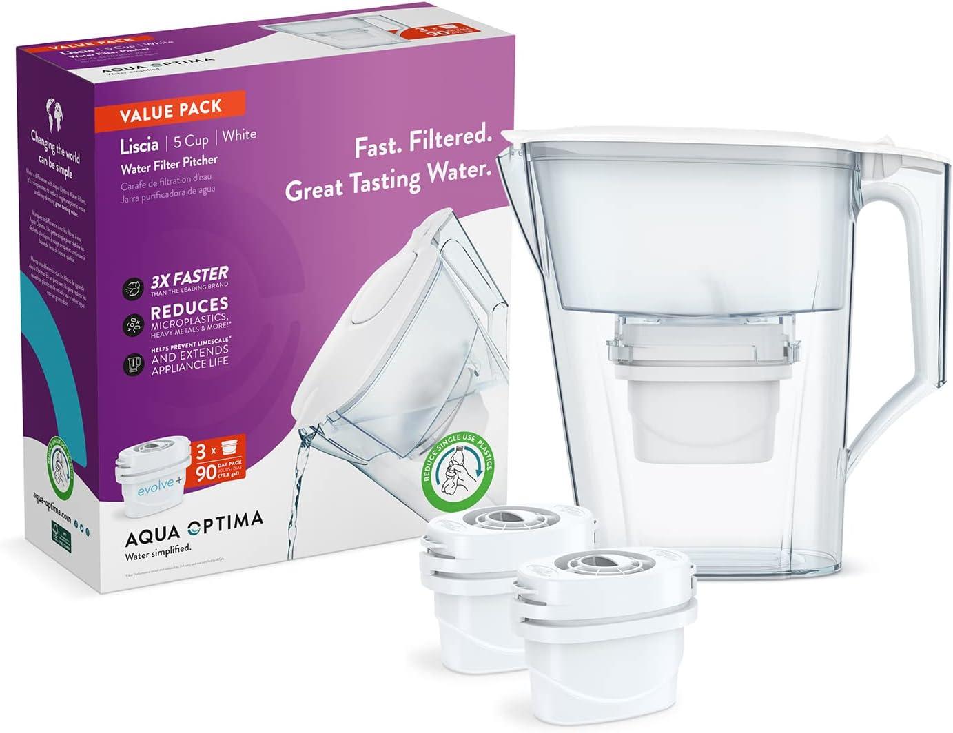 Aqua Optima Aqua Optima Water Filter Pitcher Value Pack For Tap And Drinking Water With 3 Evolve+ Filter, Bpa Free, Wqa Certified, Liscia Design (white)