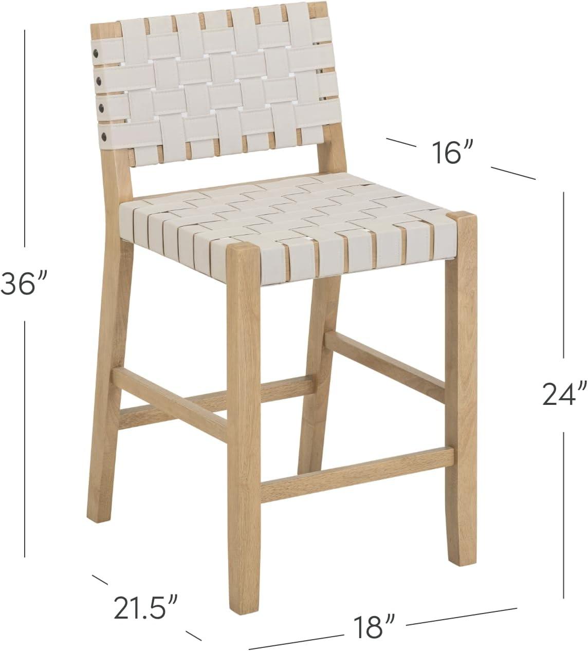 Woven Faux Leather Bar Stool With Back And Solid Wood Legs