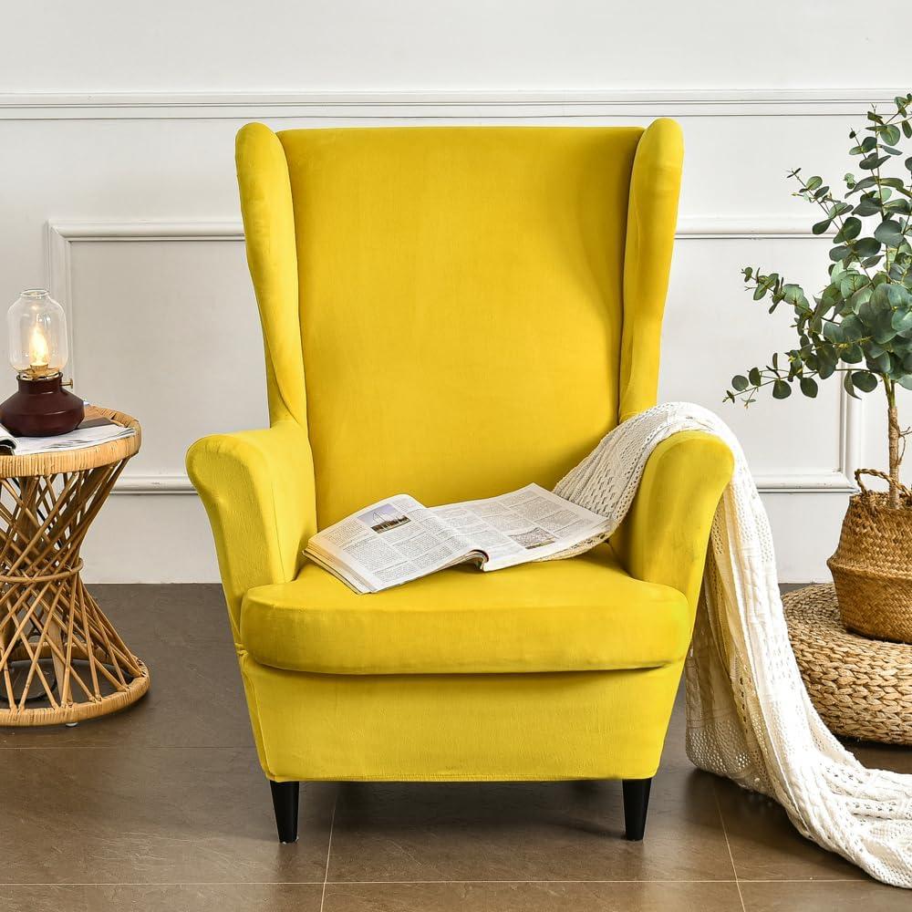 Yellow Velvet Stretch Wingback Chair Slipcover