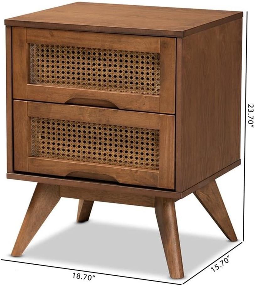 Barrett Wood & Synthetic Rattan Nightstand: 2 Drawers, Angled Legs - Baxton Studio