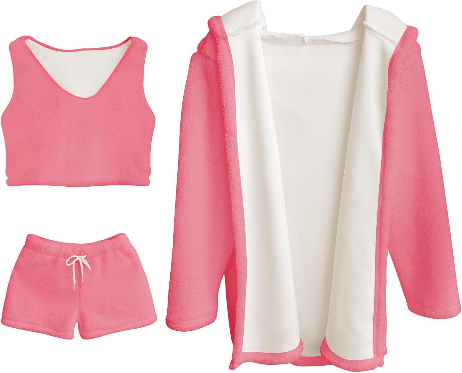 cheibear Women's Fuzzy Fleece Soft Coat Jacket and Crop Top with Shorts 3-Piece Pajamas Lounge Set Pink Small