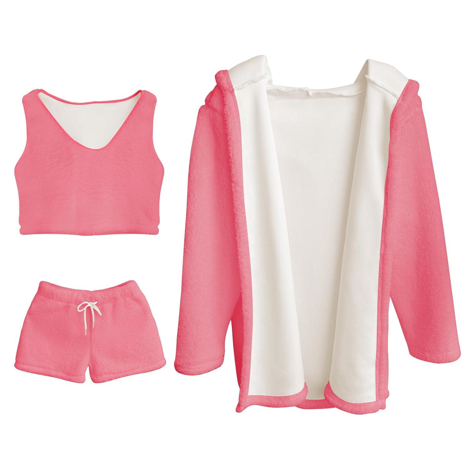 cheibear Women's Fuzzy Fleece Soft Coat Jacket and Crop Top with Shorts 3-Piece Pajamas Lounge Set Pink Small