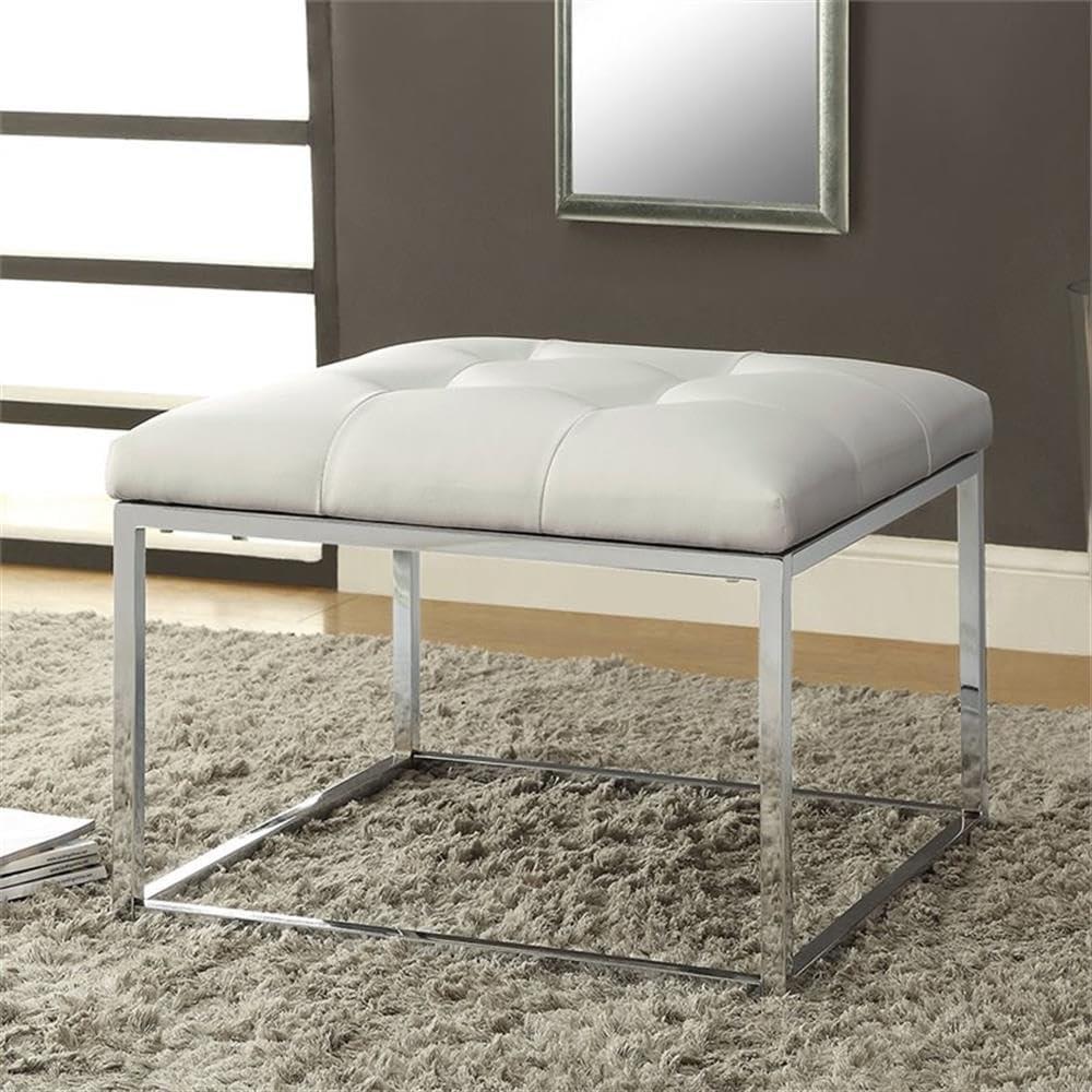 White Faux Leather Tufted Square Ottoman with Chrome Frame