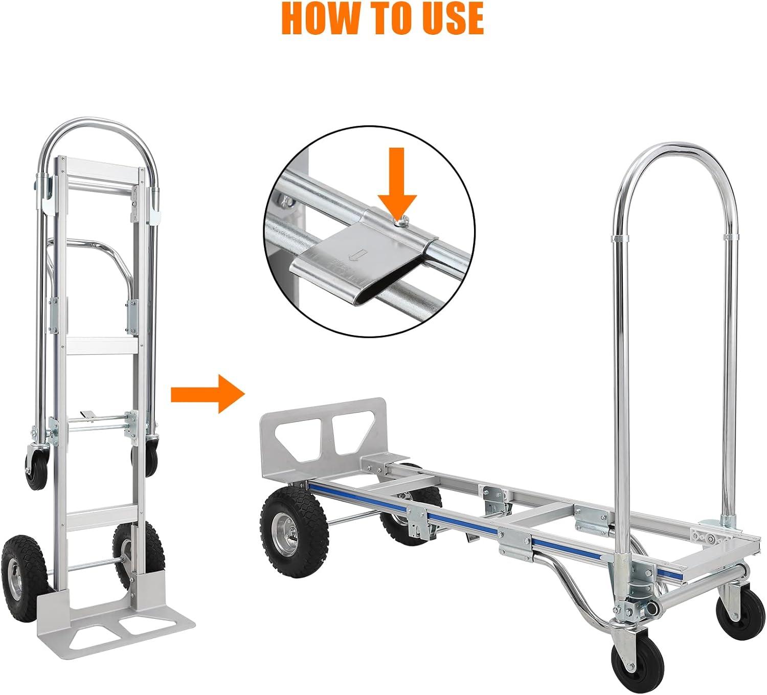 Silver Aluminum Folding Hand Truck Dolly with Wheels, 770 lbs Capacity
