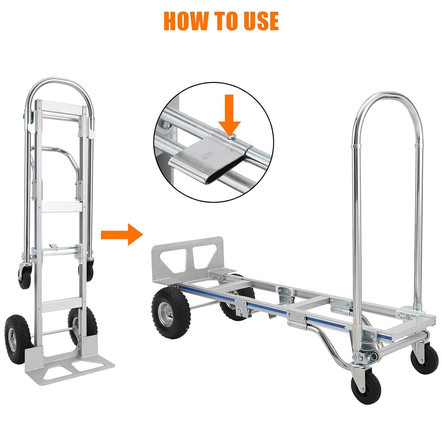 Silver Aluminum Folding Hand Truck Dolly with Wheels, 770 lbs Capacity