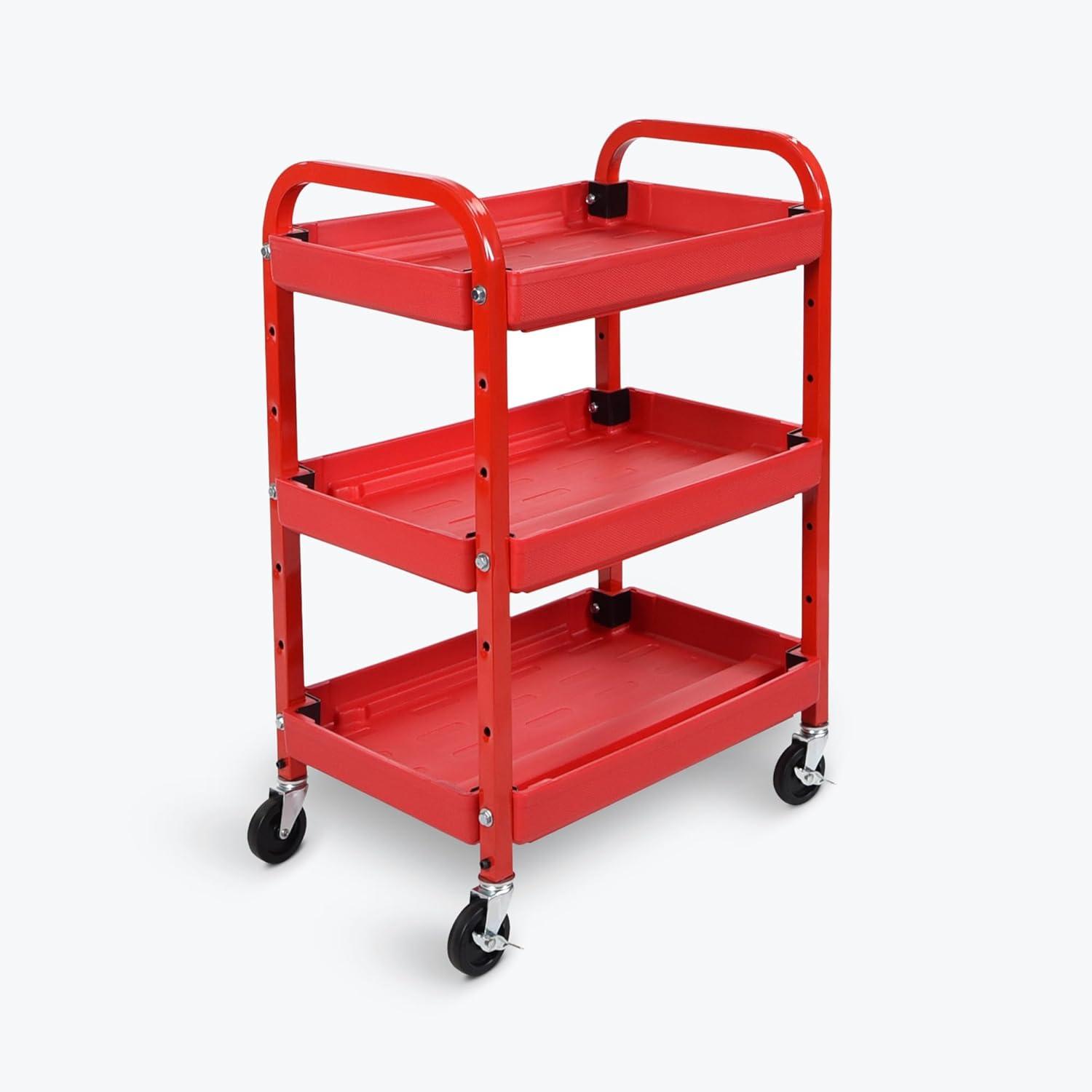 Red Adjustable 3-Shelf Utility Cart with Lockable Wheels