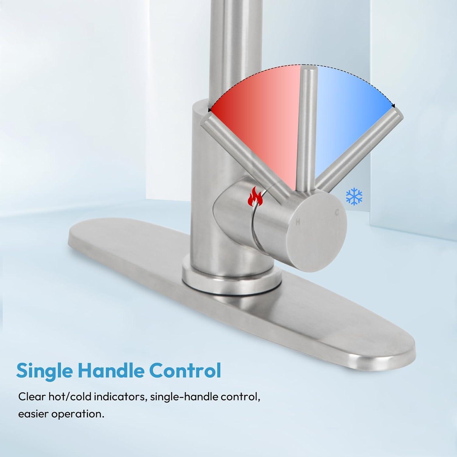 Besdor Kitchen Faucet with Pull Down Sprayer, Spring Single Handle Faucet for Kitchen Sink, Two Function Sprayer, 360-degree Rotation, with Deck Plate, 304 Food Grade Stainless Steel, Brushed Nickel