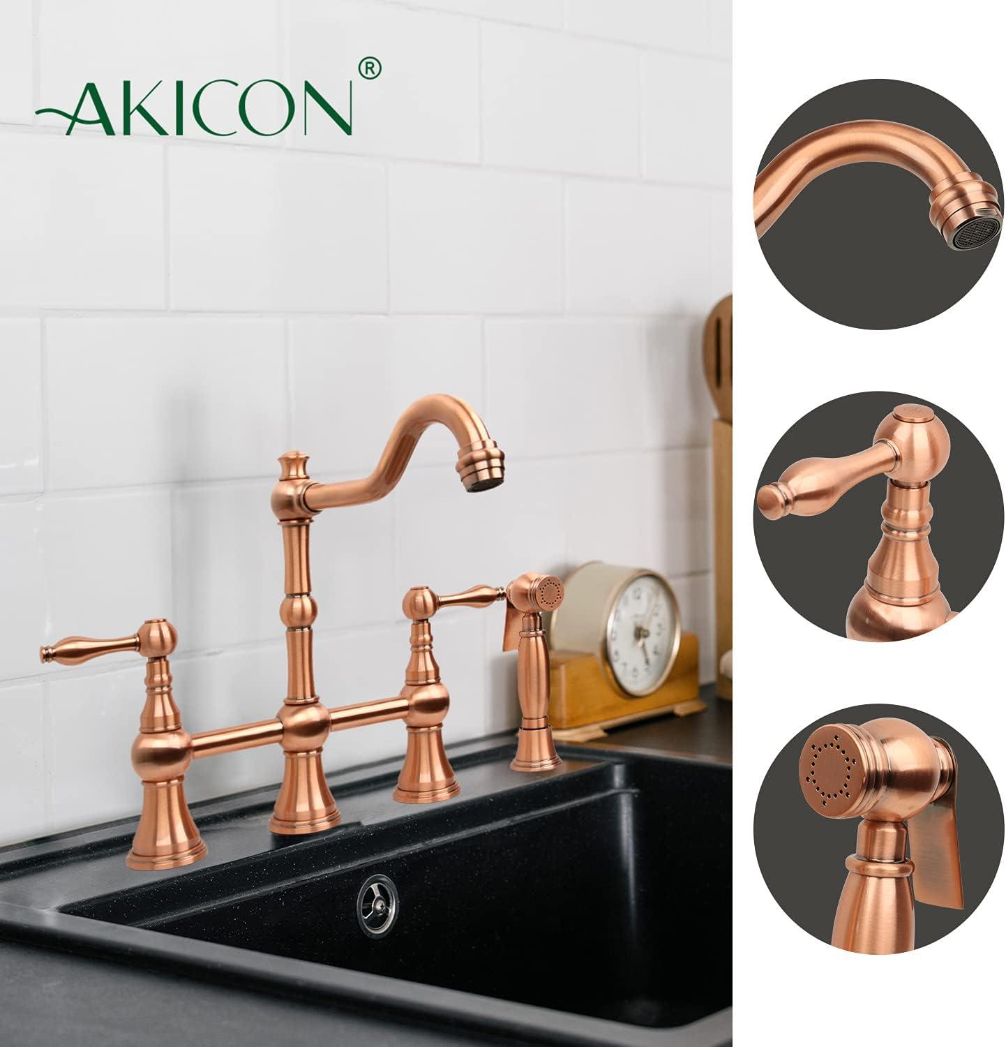 Double Handle Brushed Copper Bridge Kitchen Faucet with Sprayer