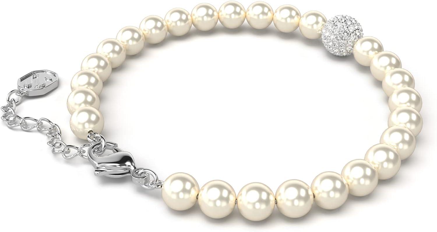 Elegant White Crystal Pearl and Silver Bracelet