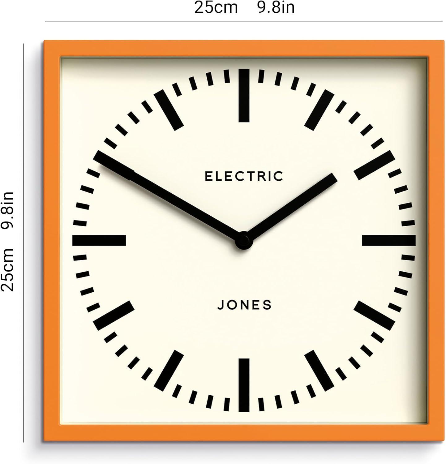 JONES CLOCKS® Box Railway Wall Clock | Square Station Clock | 10 inch | Cool Designer Look for Kitchen, Living Room or Office (Orange)
