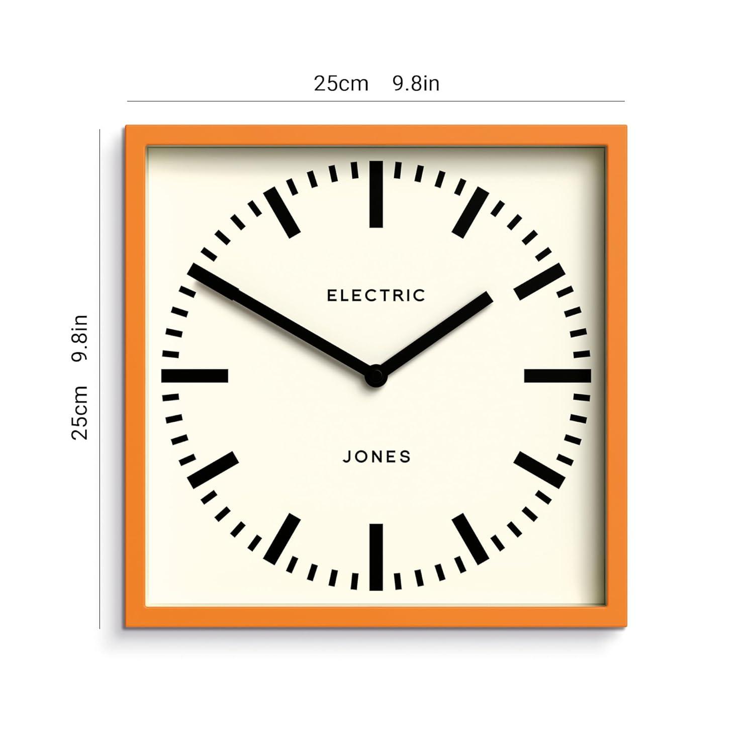 JONES CLOCKS® Box Railway Wall Clock | Square Station Clock | 10 inch | Cool Designer Look for Kitchen, Living Room or Office (Orange)