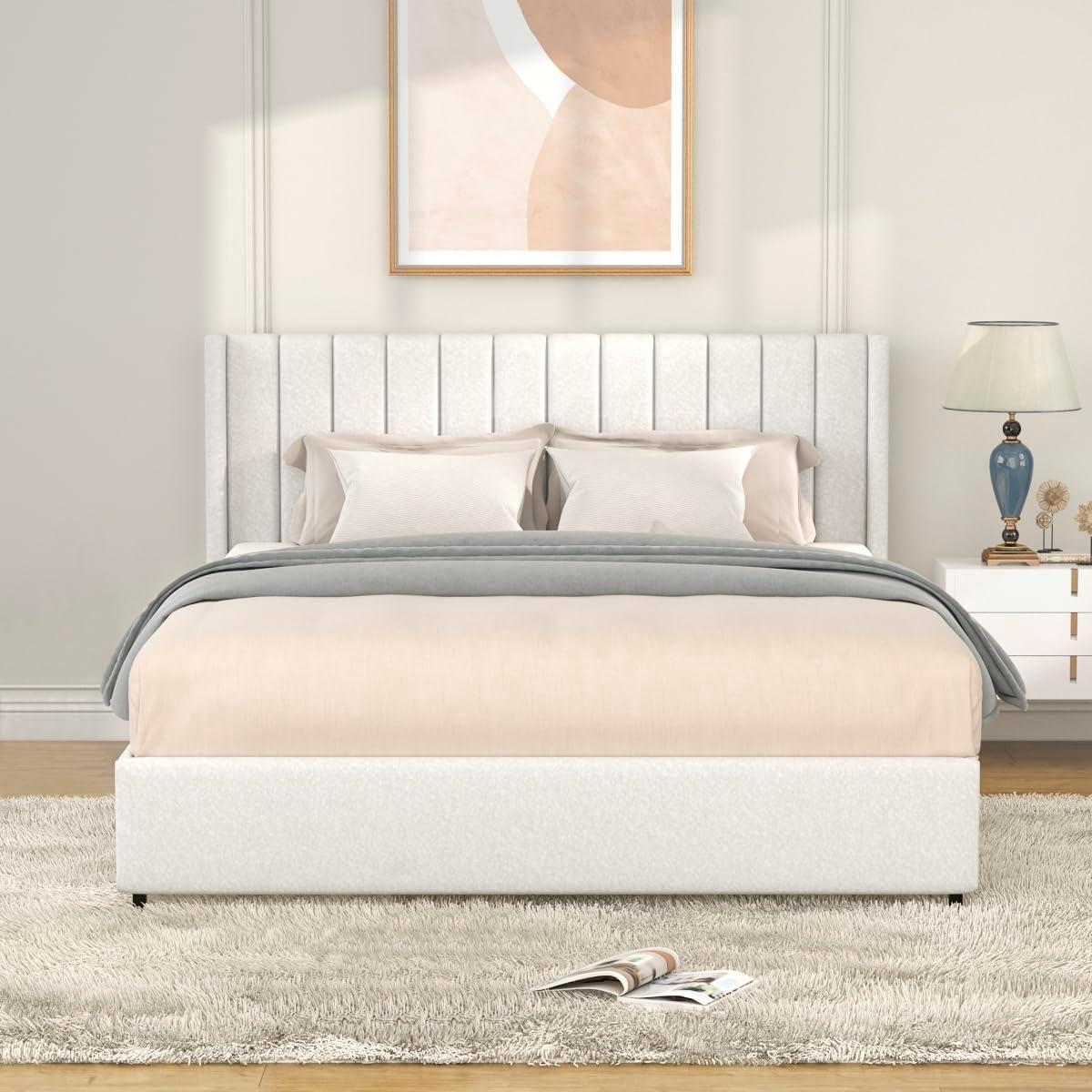 GDFStudio Upholstered Bed with Storage,Queen Size Platform Bed Frame with 4 Drawers Tufted Headboard, Wooden Slat Mattress Support No Box Spring Needed Easy Assembly, Ivory Boucle