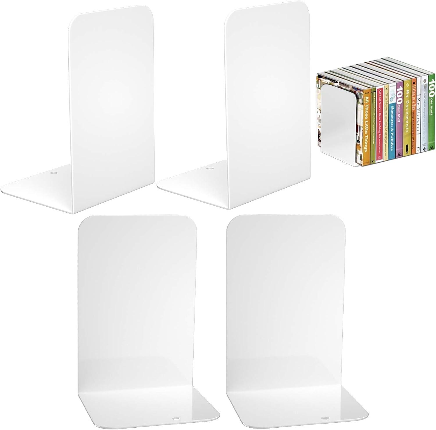 VFINE White Bookends 2 Pair, Metal Shelf Book Ends, Bookends for Shelves, Book Stopper for Heavy Books, Book Dividers for Home Office