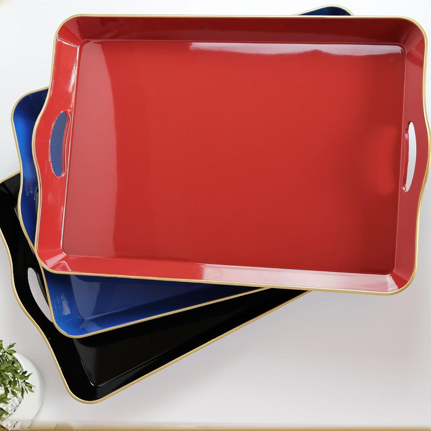 MAONAME Melamine Serving Tray with Handles, Royal Blue Modern Decorative Tray, Rectangular Plastic Tray for Coffee Table, Large Ottoman Tray for Bedroom, Living Room, 17" x 11.8" x 2"