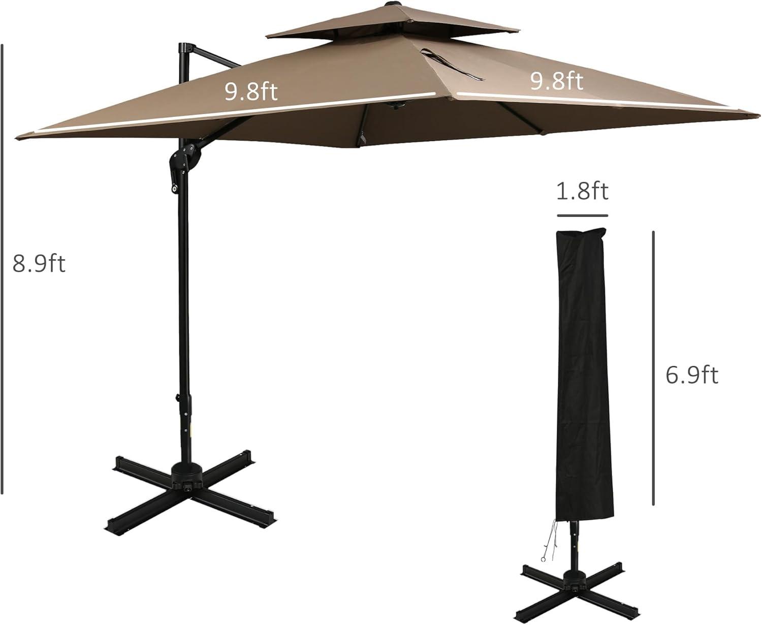 Outsunny 10ft Offset Patio Umbrella with Base, Double Top Hanging Aluminum Cantilever Umbrella with 360-degree Rotation, Easy Tilt, 8 Ribs, Crank, Cross Base, Cover, Strap