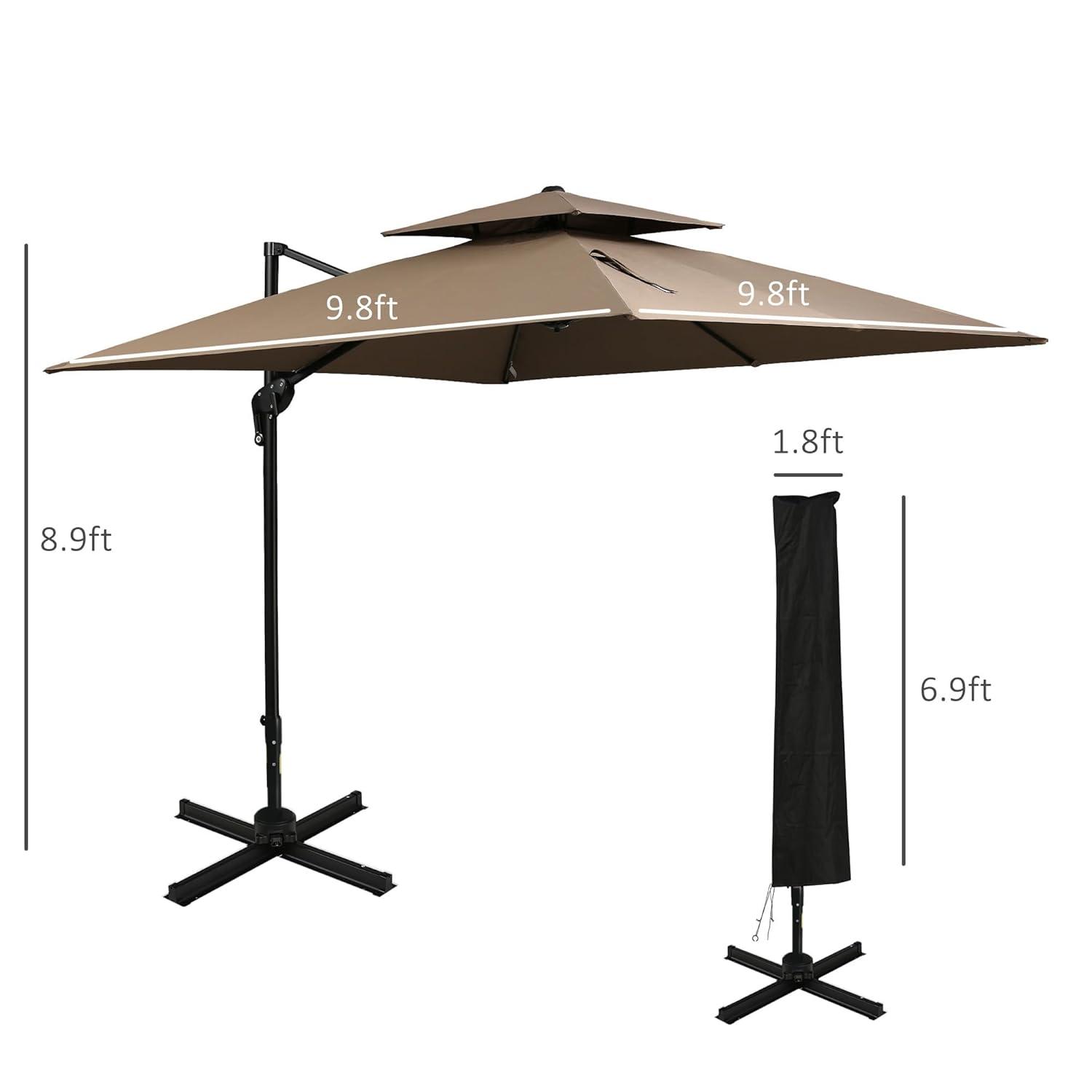 Outsunny 10ft Offset Patio Umbrella with Base, Double Top Hanging Aluminum Cantilever Umbrella with 360-degree Rotation, Easy Tilt, 8 Ribs, Crank, Cross Base, Cover, Strap