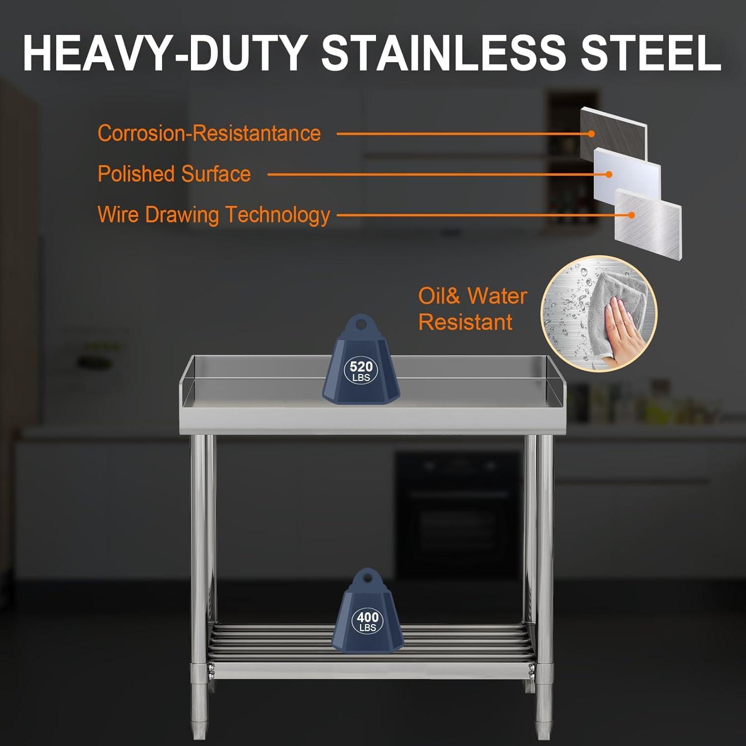 36 x 30 Inch Stainless Steel Work Table with Backsplash for Prep & Work, Heavy Duty Commercial Kitchen Island with Adjustable Undershelf for Home Restaurant