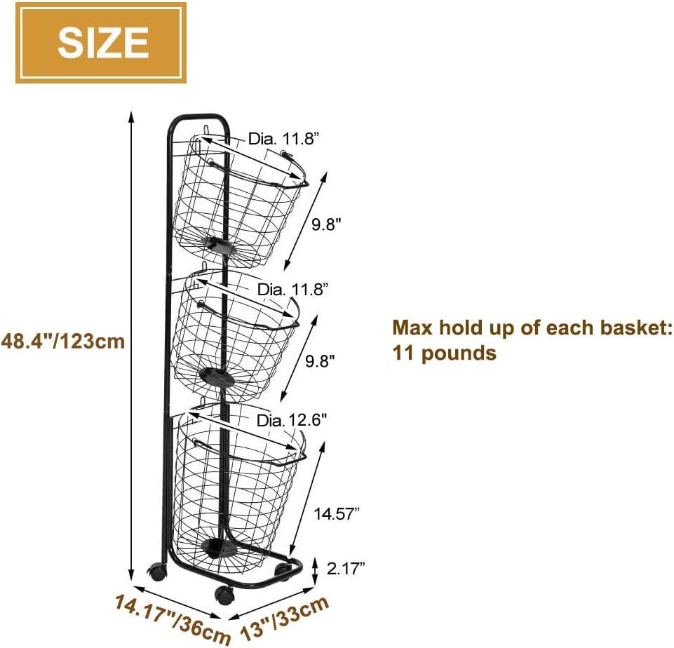 3-Tier Laundry Basket with Wheels, Wire Laundry Hamper with Handle Laundry Cart Storage Rolling Hamper with Removable Basket for Organizing Clothes Black, 14.17”Lx12”Wx48.43”H