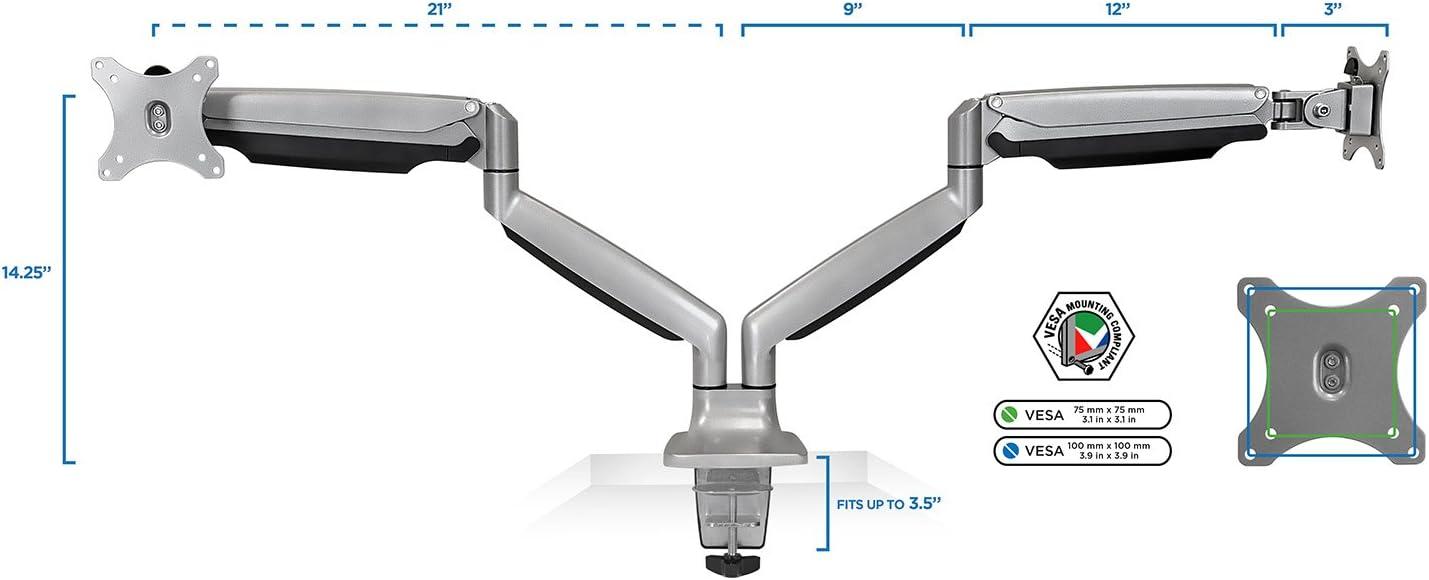 Mount-It! Dual Monitor Arm Mount Desk Stand Two Articulating Gas Spring Height Adjustable Arms | Fits Up To 32" | C-Clamp and Grommet Bases | Silver