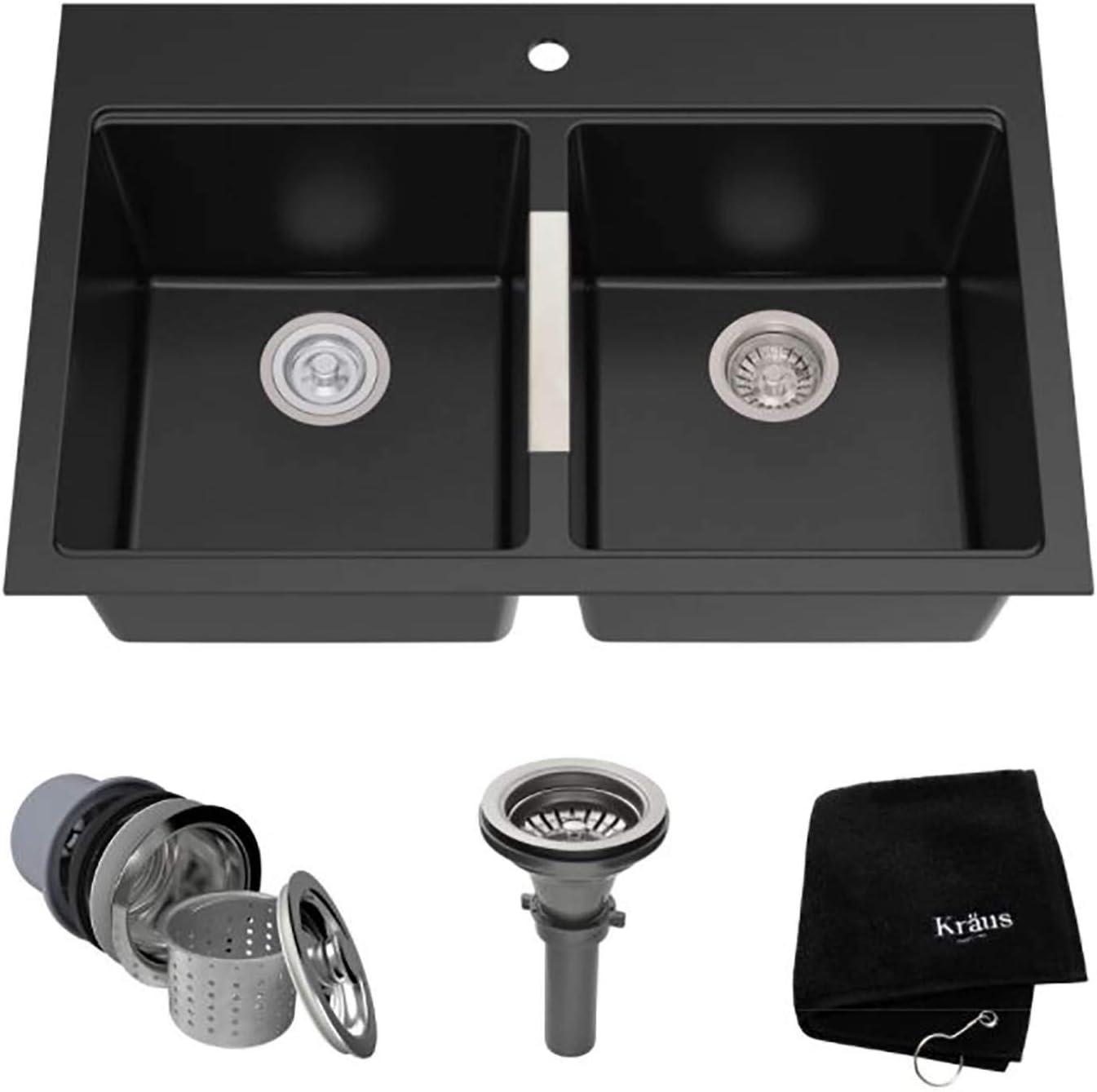 KRAUS 33 inch L Dual Mount 50/50 Double Bowl Granite Kitchen Sink w/ Top Mount and Undermount Installation in Black Onyx