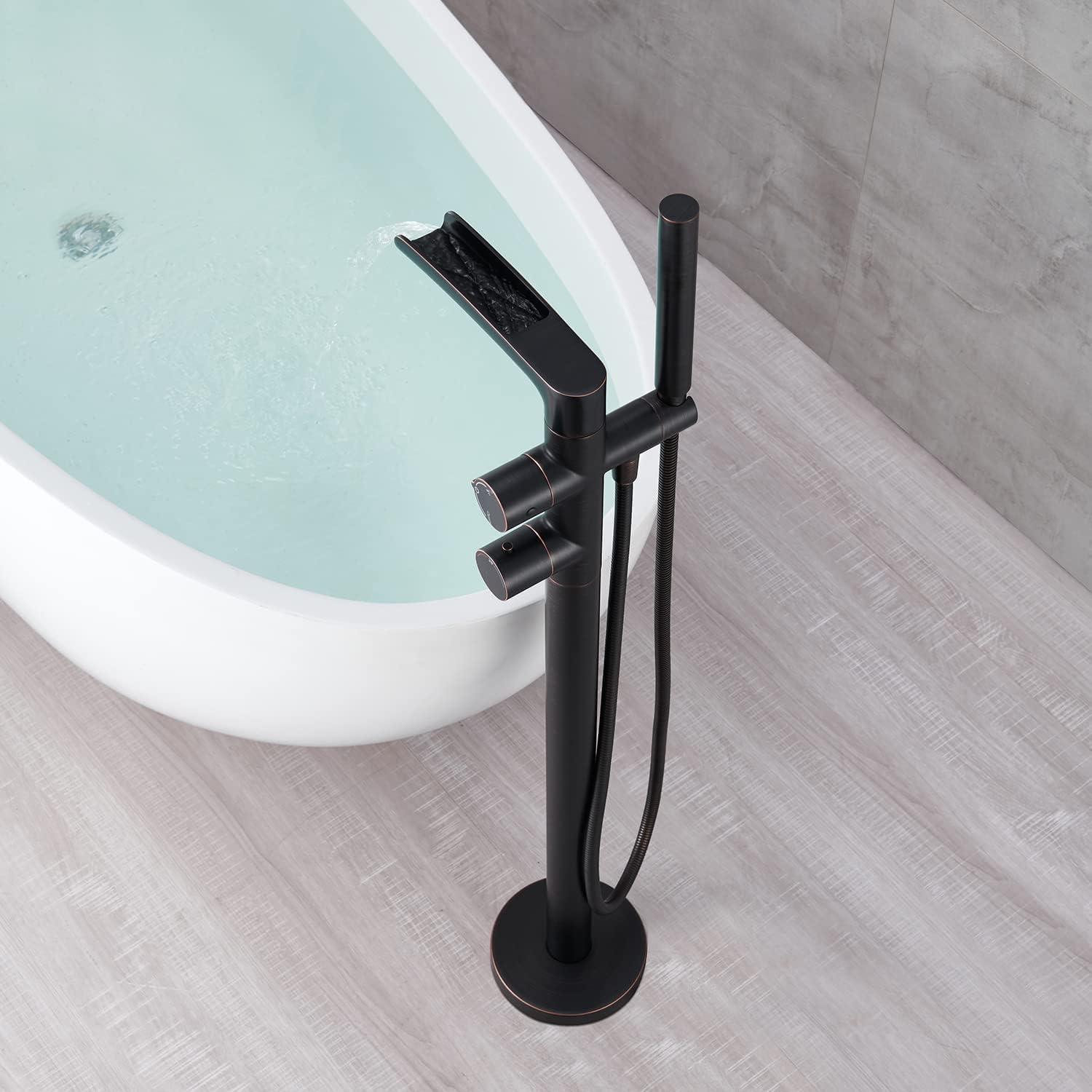 MOGFCT Waterfall Freestanding Bathtub Faucet Set Single Handle Floor Mount Tub Filler with Hand Shower ,Matte Black
