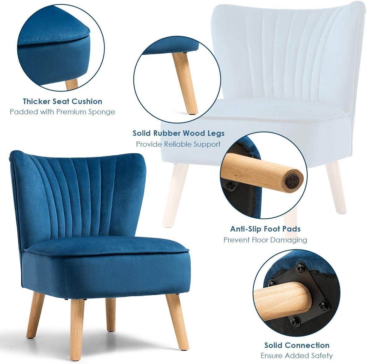 Yardi Yard Modern Armless Velvet Accent Chair with Wood Legs-Blue, Vanity Chair for Bedroom Desk