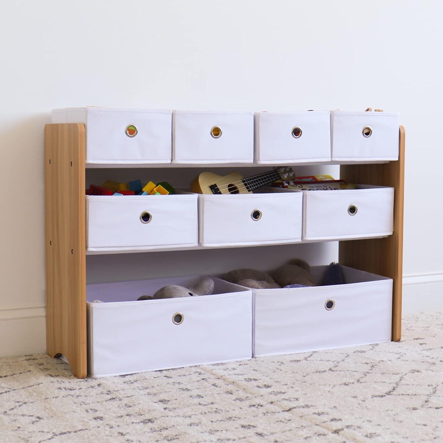 Natural Wood and White 3-Tier Toy Storage Organizer with 9 Fabric Bins