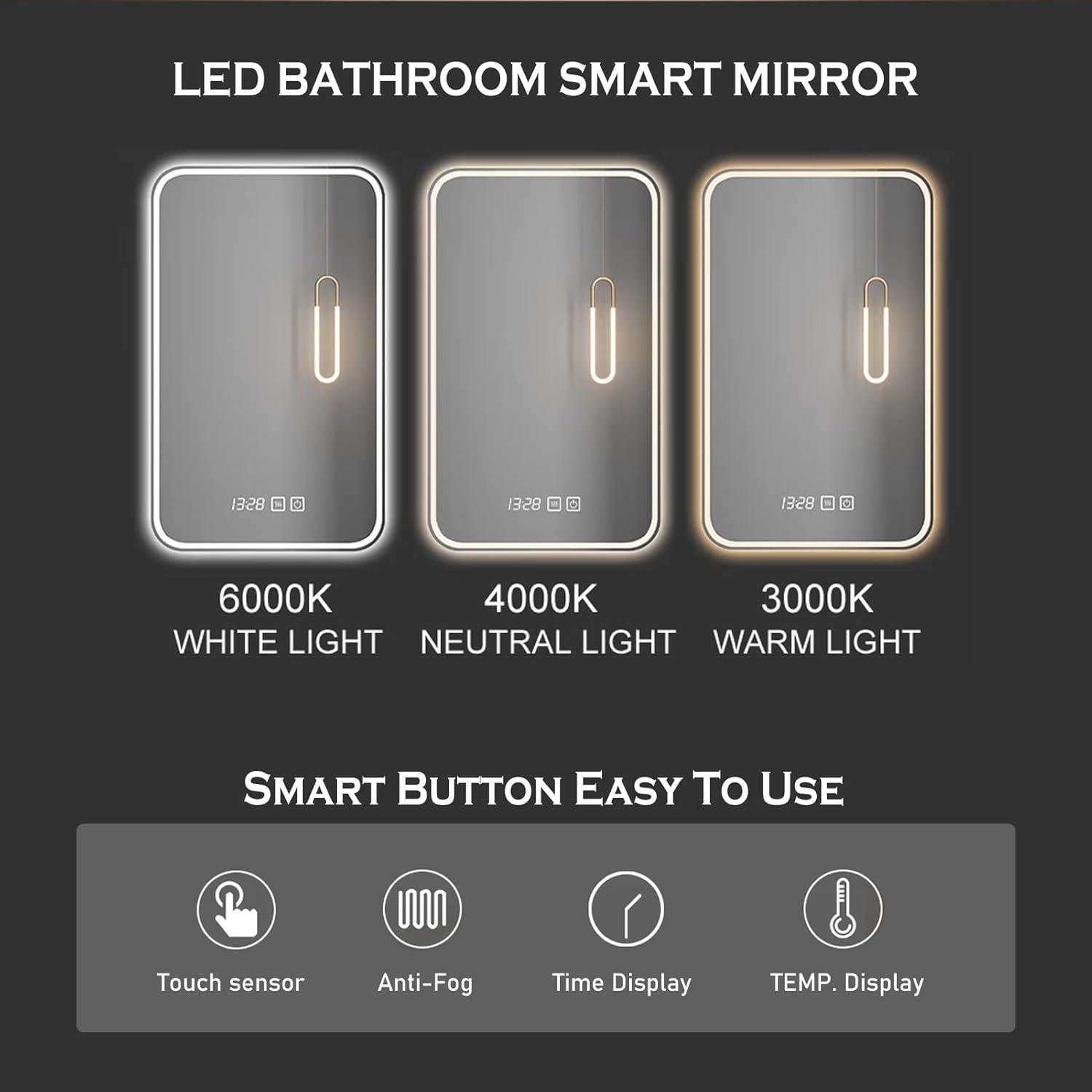 Rectangular LED Bathroom Mirror with Anti-Fog and Display