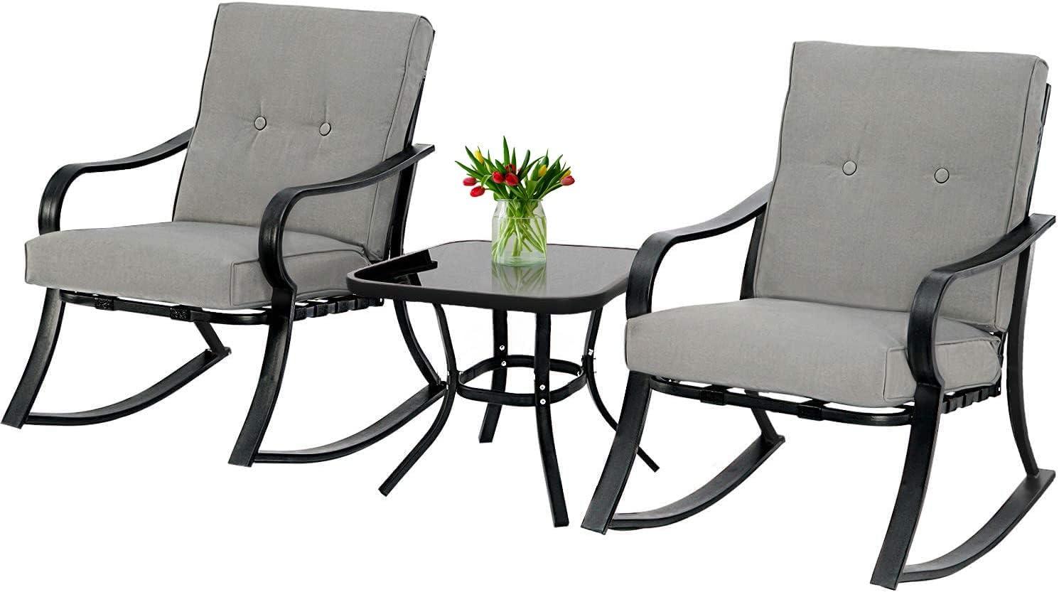Crownland Outdoor Rocking Chairs Patio Furniture 3 Piece Patio Set Bistro Table Set Black Iron with Thickened Cushions and Glass Coffee Table, Grey