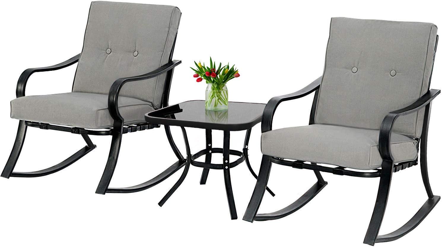 Crownland Outdoor Rocking Chairs Patio Furniture 3 Piece Patio Set Bistro Table Set Black Iron with Thickened Cushions and Glass Coffee Table, Grey