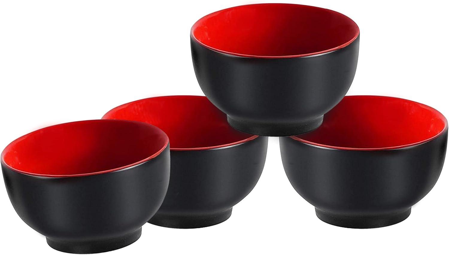 Red and Black Ceramic 20 oz Serving Bowls Set of 4