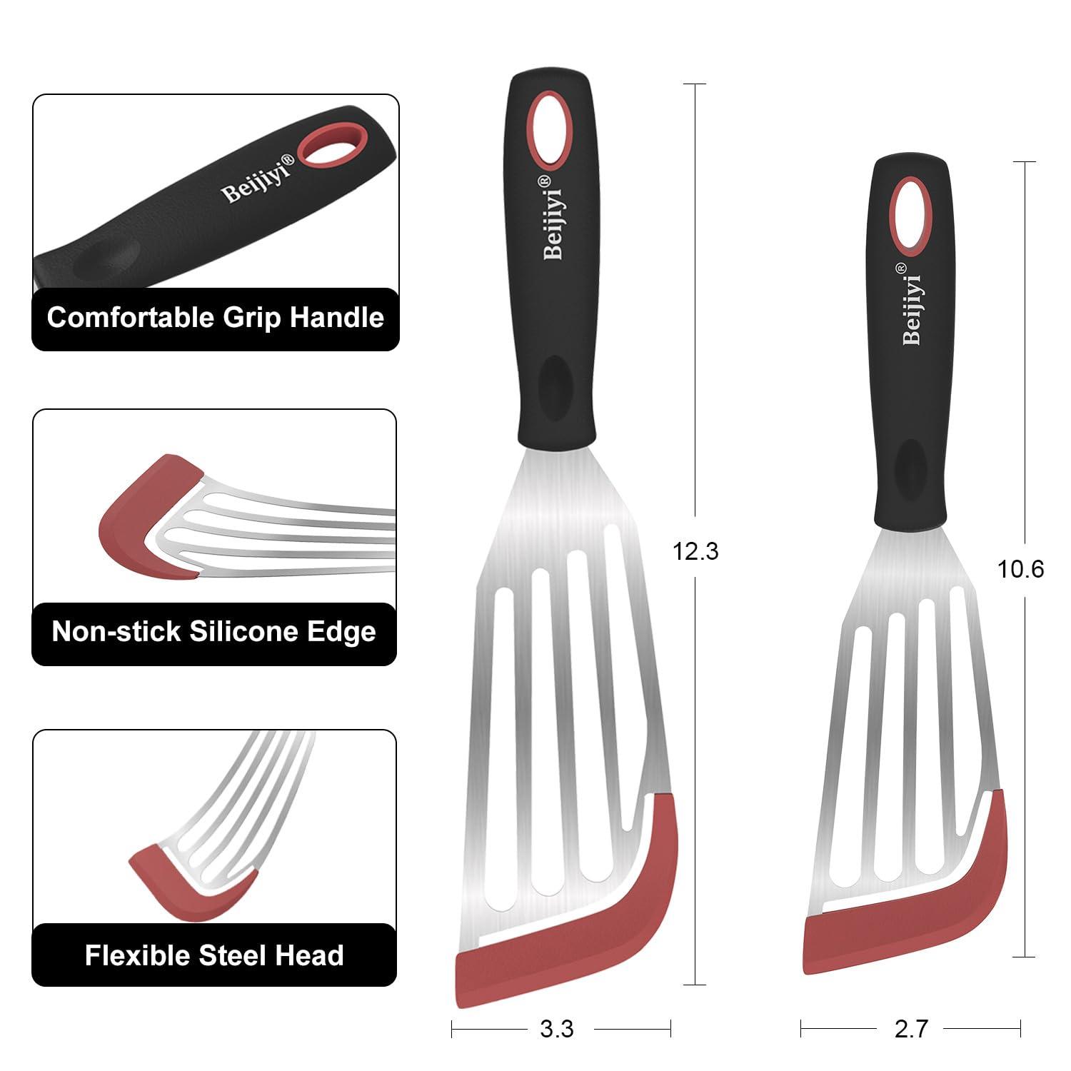 Fish Spatula Turner Set of 2, Heat Resistant Silicone Edge Slotted Fish Spatulas for Nonstick Cookware, Flexible and Thin Stainless Steel Kitchen Cooking Spatula Flipper for Fish, Egg, Pancake