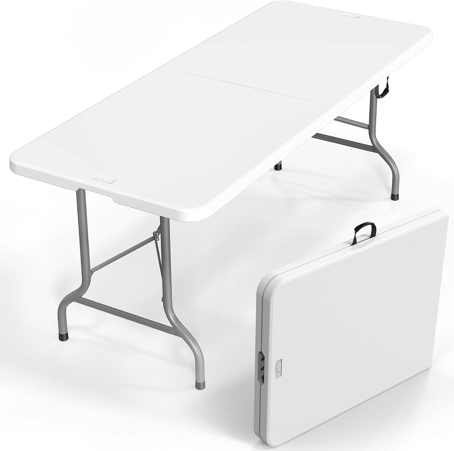 6' Folding Table, Camping Table with Large Plastic Tabletop, Dining Table with Carrying Handle and Steel Legs, White