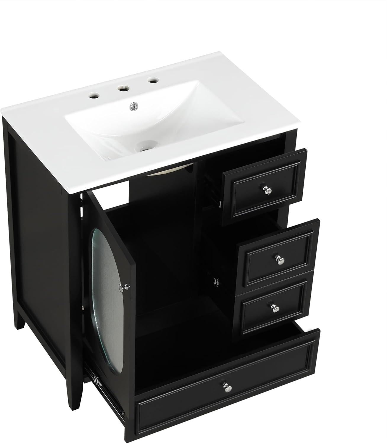 Black 30" Freestanding Bathroom Vanity with Ceramic Sink and Glass Door