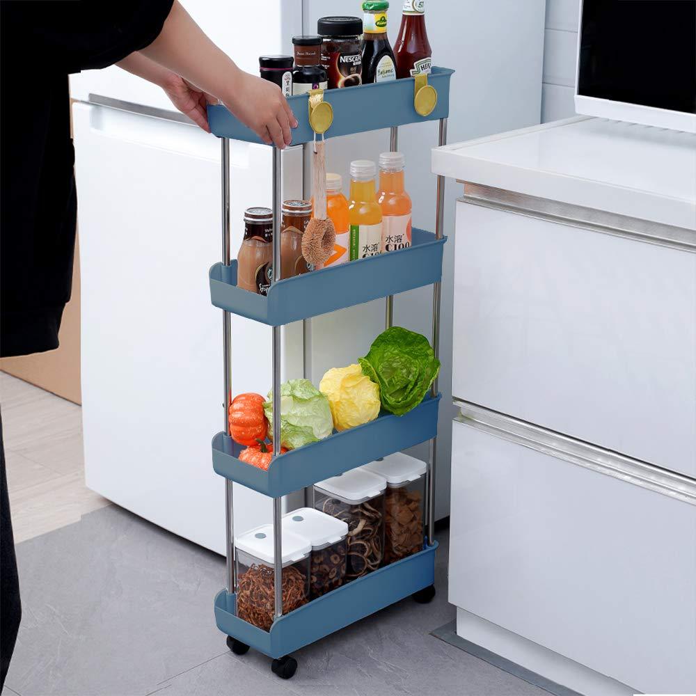 Melody House 4-Tier Slim Storage Cart, Navy Blue, Easy to Install, Durable Plastic and Stainless Steel Shelving Unit, Ideal for Small Spaces